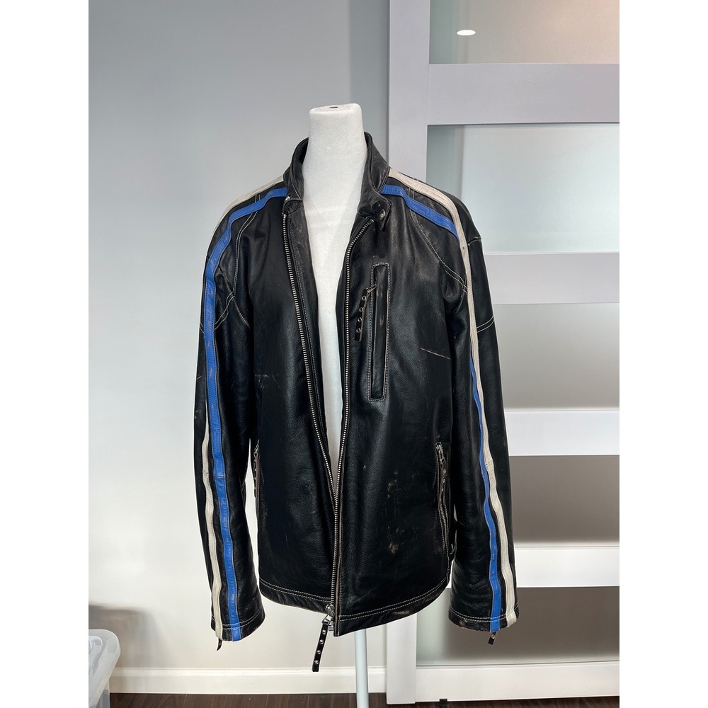 90s Top Gun Mens Leather Racing Jacket Black Blue White Stripe Pinup XL